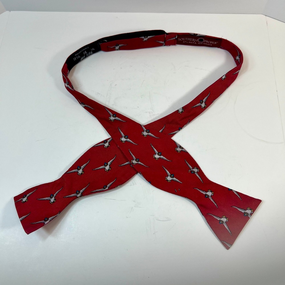 Southern Proper Mens Red Mallard Duck Silk Self-Tie Bow Tie Adjustable Atlanta